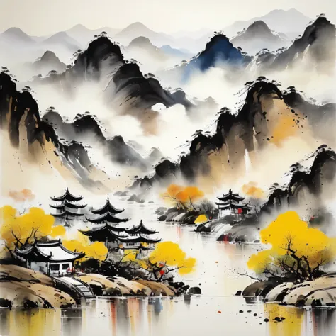 (wu kanzhong&#39;s painting style), a combination of ink painting techniques and western painting concepts, (mountain)