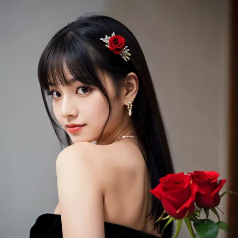 (highest quality, masterpiece), (1 girl, alone, black dress, Are standing , looking at the viewer, gray hair, red eyes, holding a rose, closed mouth, Upper body), (red dream catcher in the back, Red flower, )