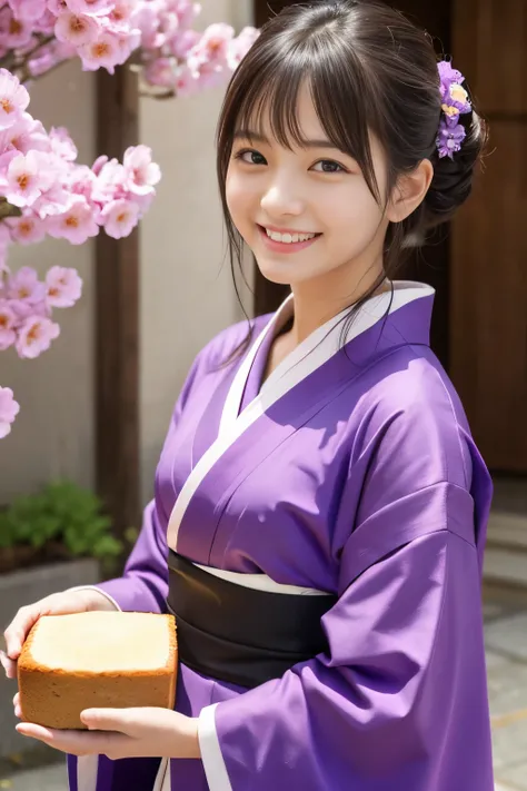 purple kimono、20 year old girl、square pound cake、front, smile