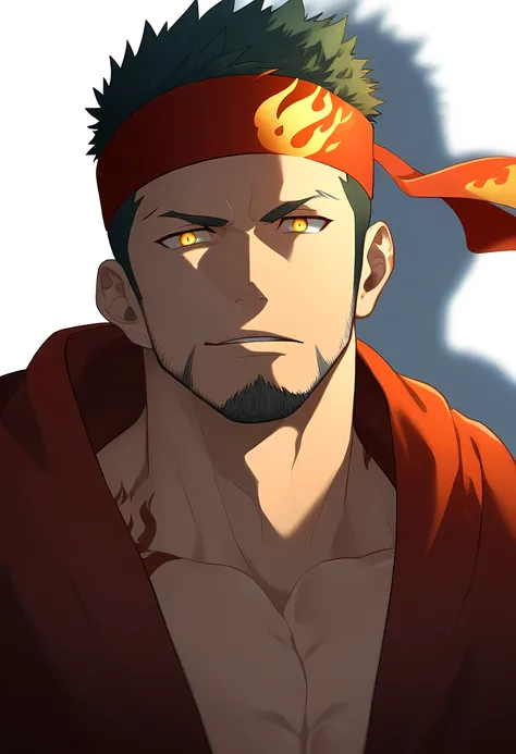 anime characters:Guy, Priapus, 1 muscular man god, Flame tattoo, Sport red headband, Priestly robes, muscular male, muscular, only, Upper body, alone, short black hair, thick eyebrows, stubble, yellow eyes, White background, simple background, amazing qual...