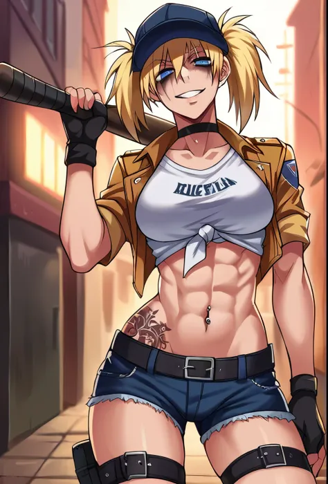 score_9, score_8_up, score_7_up, score_6_up, score_5_up, score_4_up, BREAK source_anime, rating_safe, 1girl, hellsing, seras, seras victoria, two-tone hair, blue eyes, smile, two side up, baseball cap, runny makeup, graphic tee, navel, short shorts, baseba...