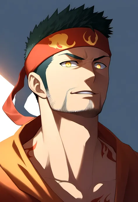 anime characters：Guy, Priapus, 1 muscular man god, Flame tattoo, Sport red headband, Priestly robes, muscular male, muscular, only, Upper body, alone, short black hair, thick eyebrows, stubble, yellow eyes, White background, simple background, amazing qual...