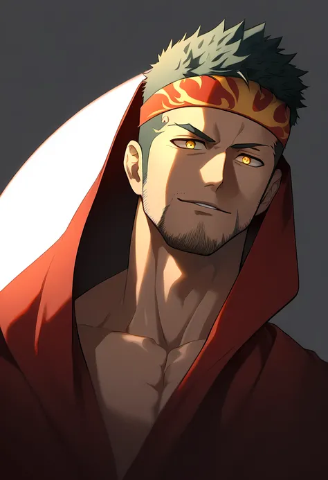 anime characters：Guy, Priapus, 1 muscular man god, Flame tattoo, Sport red headband, Priestly robes, muscular male, muscular, only, Upper body, alone, short black hair, thick eyebrows, stubble, yellow eyes, White background, simple background, amazing qual...