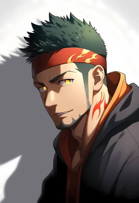 anime characters：Guy, Priapus, 1 muscular man god, Flame tattoo, Sport red headband, Sports hooded sweatshirt, muscular male, muscular, only, Upper body, alone, short black hair, thick eyebrows, stubble, yellow eyes, White background, simple background, am...