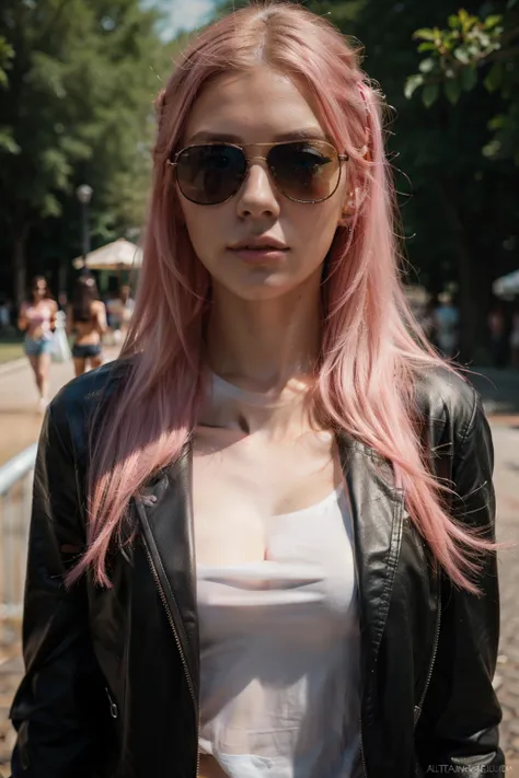 European girl with tint sunglasses ,Pink hair, walking in a park  , attractive lips, stunningly beautiful woman, posing like a professional model, feminine form, stunningly gorgeous, flirty and playful, film photography, extreme detail, 4k, ultra hd hyperr...