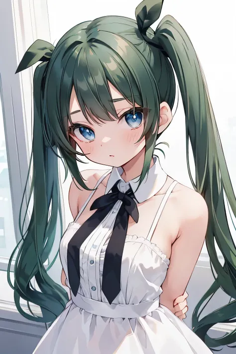 The innocence, dark green hair, twintails, arms behind back, white dress, black waist tie, a girl,blue eyes,