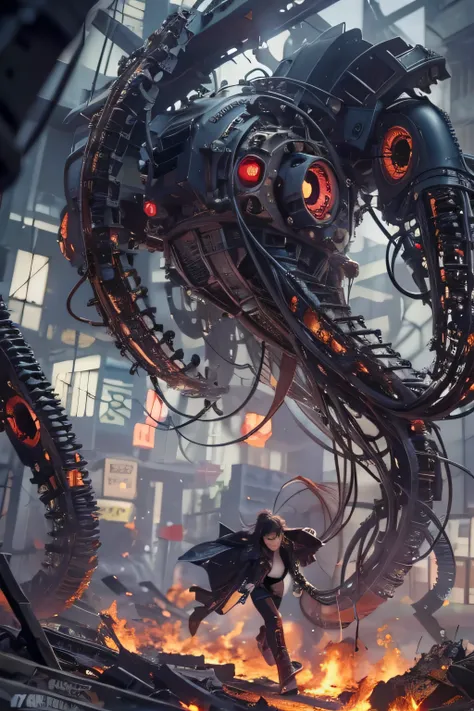 movie heroine "black mechanical squid". Mechanical squid with many glowing red eyes, Japanese woman desperately runs away from squid in devastated Los Angeles, 15 years old, messy hair, Tattered pilot suit, (torn clothes:1.4), ((cleavage:1.4)), running thr...