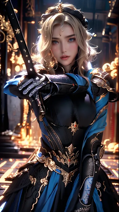 ((Best quality)), ((masterpiece)), (highly detailed:1.3),a woman wearing black armor, long hair. Holding a luxury sword, armor damaged war scene, super cute face, super slim body, super slim, small waist, super perfect huge breast, perfect huge round breas...