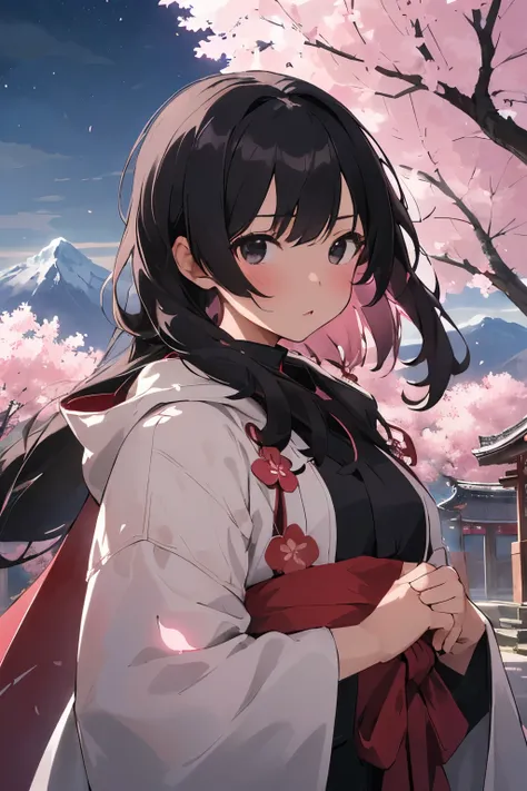 (best quality, masterpiece),(1girl, miko, coat, expression face, black eyes, looking at front ,black hair, walking, upper body), (night strray sky, huge old tree behind, falling glowing pink petals behind, shrine behind, mountain background, blowing wind, ...