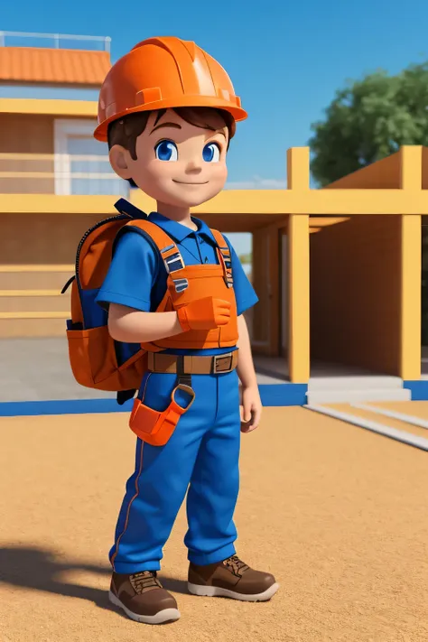 create a mascot of a builder boy with a backpack and tools in his hand with a blue and orange uniform in 3d