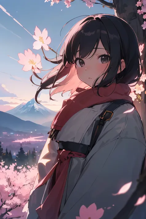 (best quality, masterpiece),(1girl, miko, coat, expression face, black eyes, looking at front ,black hair, walking, upper body), (night strray sky, huge old tree behind, falling glowing pink petals behind, shrine behind, mountain background, blowing wind, ...