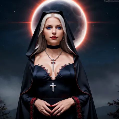 (best quality,ultra-detailed,realistic:1.37),detailed face,beautiful blue eyes,blood-red tears, dark aura,sharp nails,red nail polish,sinister smile. [demon],nun outfit,robe,cross pendant,rosary beads,heavenly halo,platinum white hair with hints of red,ful...