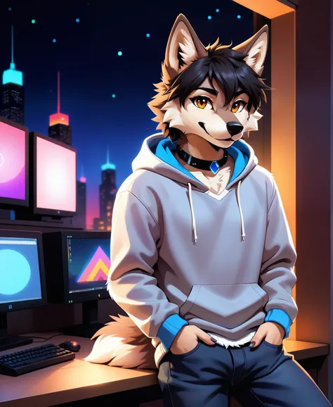 score_9, score_8_up, score_7_up, score_6_up, (hi reasterpiece)), ((best quality)), illustration, furry, wolf, animal ears, body fur, 1boy, solo, black hair, *//*, brown eye, *//*, looking at viewer, smile, wolf boy, (((androgynous))), young adult, room and...