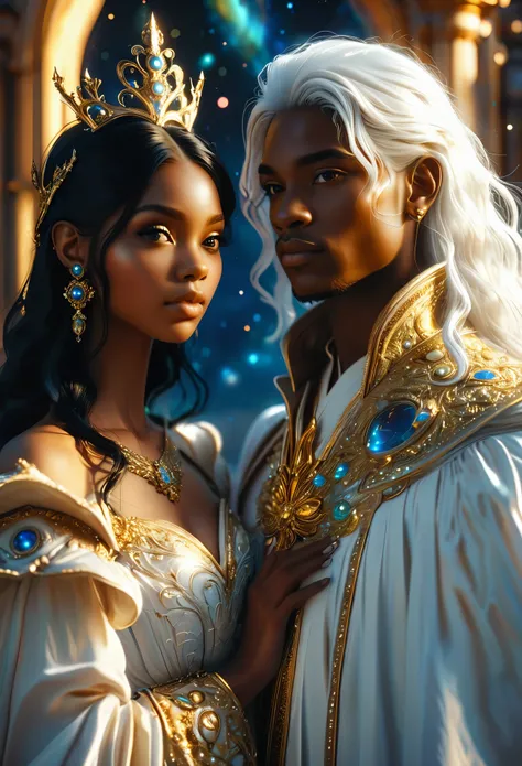 Novel in celestial landscape, a beautiful young darkskin couple with (((a long black hair pregnant young judge))) with (((a young male judge with white hair))), they holding scepter, very fine face, (((very beautiful))), perfect faces, whole body, romantic...