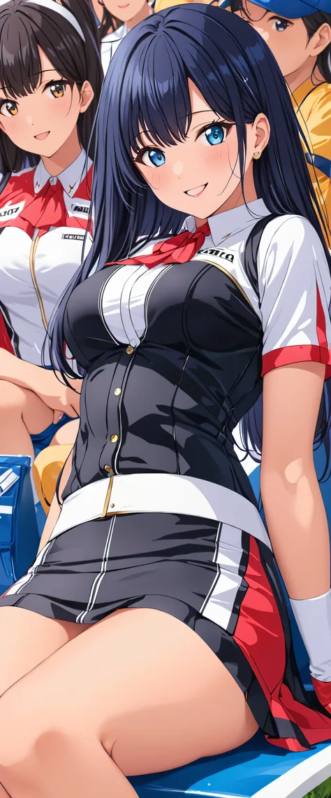 1 female,black hair,14 years old,(((shiny race queen uniform with exposed navel)))(((blush、open mouth smile)),(((straight hair))...