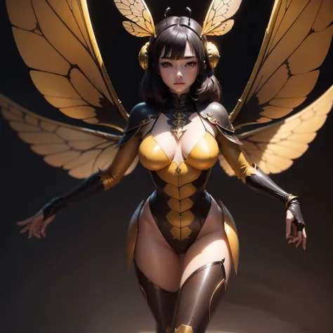 feminine insect humanoid, 4 arms, bee-like wings, yellow and black color design、 faceless, giant insect, chitinous skin, big almond shaped eyes, human body style, Three Screen DnD Character