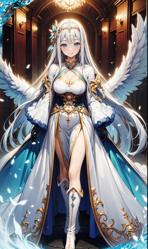 sentinel of heaven，Elegant and charming，charm，in love，(Fantasy world transparent white dress)，black gloves，silver hair，Smile，blue eyes，Design intricate clothes，Lots of composite armor，gem，Sculpture，Unusual decoration，Exquisite hair accessories，Transparent ...