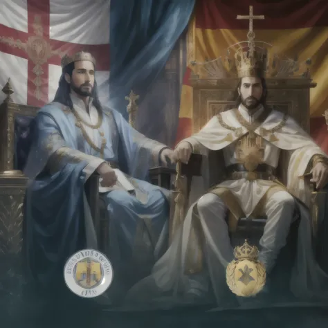 arafed image of a man sitting on a throne with a crown and a flag behind him, official fan art, official, official art, king of kings, inspired by Sava Šumanović, promo art, ancient kings in white robes, official fanart, official artwork, biopic, fan art, ...