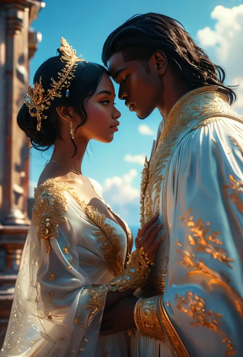 Novel in celestial landscape, a beautiful young darkskin couple with (((a short black hair young judge))) with (((a young imperial duke with long black hair))), with desire, hot couple, (((very beautiful))), perfect faces, whole body, romantic scene, roman...