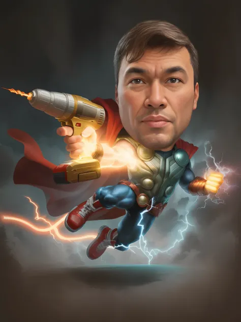 portrait of a man, wearing a Thor costume and carrying an electric drill, releasing her powers, superhero, caricature illustration, in cartoon style, caricature style, portrait, realistic cartoon, cartoon art, an Indonesian portrait, caricature, digital ar...