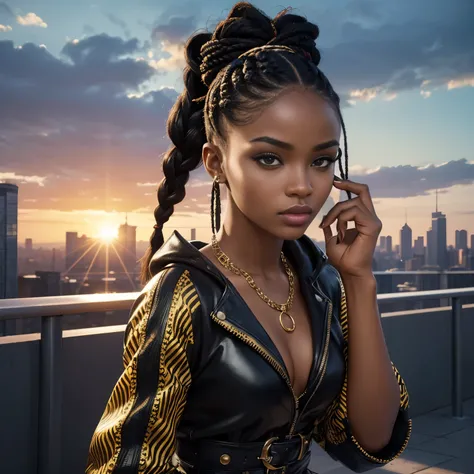 (best quality,4k,8k,highres,masterpiece:1.2),ultra-detailed,(realistic,photorealistic,photo-realistic:1.37),beautiful African-American girl,intense gaze,piercing eyes,full lips,intricate braided hairstyle,glowing skin,youthful and confident expression,styl...