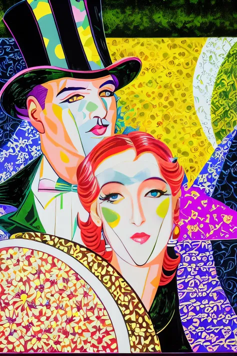 painting of a couple in top hat and tails with a colorful background, art deco portrait, art deco painting, art deco illustration, art deco poster, vintage art deco, ( ( ( art deco ) ) ), art deco era), an art deco painting, art noveauand art deco, 8 0 s a...