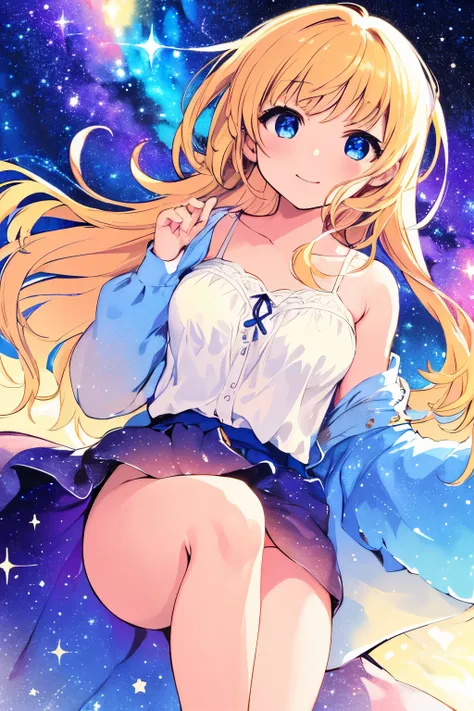 High detail, super detail, super high resolution, girl enjoying her time in the dream galaxy, surrounded by stars, warm light sprinkled on her, background is starry sky with colorful galaxies and galaxy clouds, stars flying around her, delicate face, addin...