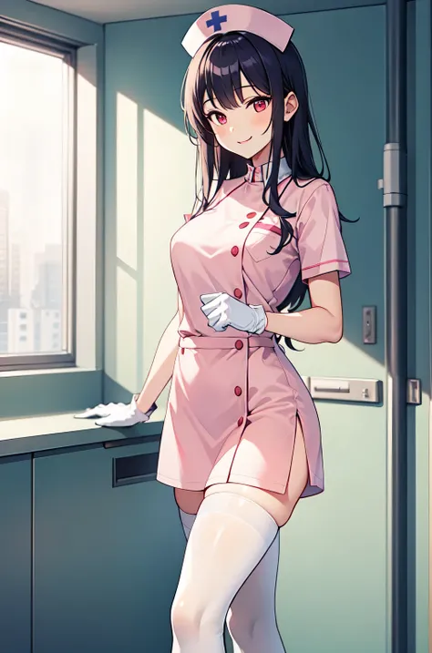 1woman, solo, nurse, white nurse cap, white nurse uniform, ((white legwear, zettai ryouiki)), white gloves, long hair, purple hair, red eyes, pink lips, smile, standing, ((hospital room)), sharp outline, short sleeves, mature female, 35 years old, best qua...