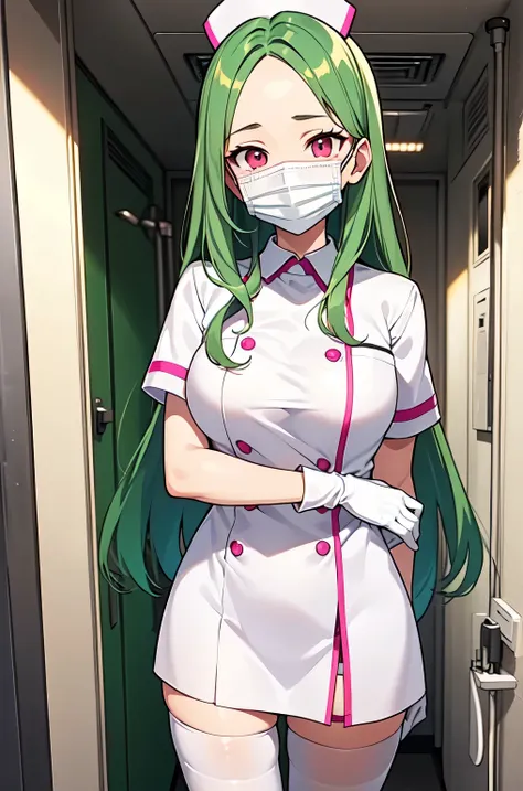 1woman, solo, nurse, white nurse cap, white nurse uniform, ((white legwear, zettai ryouiki)), white gloves, forehead, long hair,...