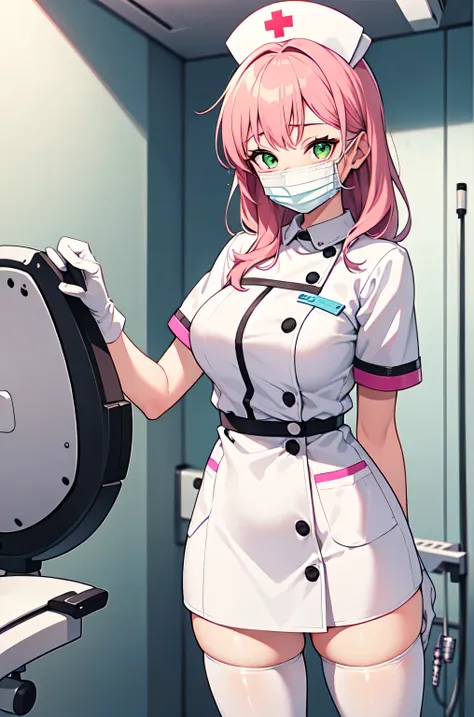 1woman, solo, nurse, white nurse cap, white nurse uniform, ((white legwear, zettai ryouiki)), white gloves, pink hair, green eye...