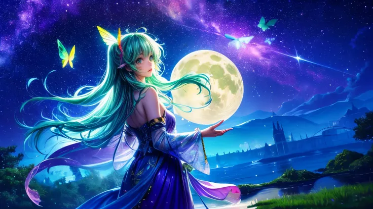 cute girl character、green grass drawing butterflies flying over water、looking up at the starry sky、a beautiful full moon can be ...