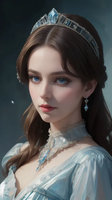 tmasterpiece，Highest image quality，Bust of a beautiful royal maiden，Delicate dark brown hairstyle，The light blue eyes are crystal clear，Victorian era style, noble, full of elegance, super detailing。