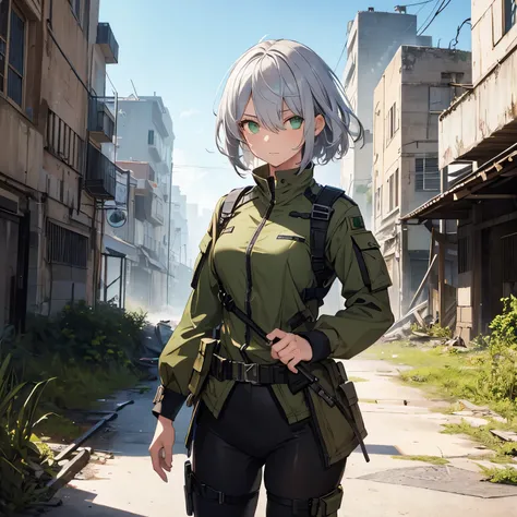 A boyish girl with short breasts and silver hair, one eye hidden by her hair, wearing a green combat uniform that does not emphasize her body line, in the background of a ruined city.