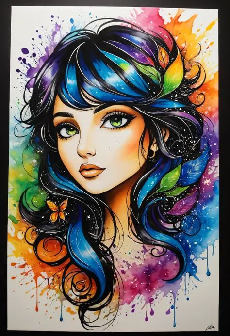 obra de arte, arte inicial, rico e colorido, rico e colorido arte inicial, derrubar、Pintura com tinta espalhada, magical, Garota linda, fundo preto.
