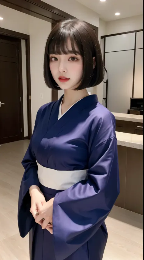 ulzzang-6500-v1.1, (RAW photo:1.2), (Photoreal), (genuine:1.4), (muste piece), Classy woman with perfect figure: 1.3, jet black hair、((Straight bob cut with neatly trimmed hair ends,short hair、bangs))、(She is wearing a dark purple long-sleeved kimono with ...