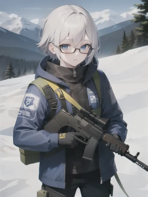 Masterpiece, solo, 1girl, outdoor, white hair, blue eyes, white jacket, black pants, black boots, bulletproof vest, black glove, handguns, guns, female soldiers, snowy mountains, standing, short hair, ski glasses