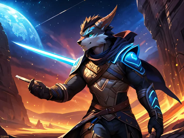 posted on e621, (by Chunie), male, Wolf anthro, solo, light green eyes, (Realistic eye details 1.2), there is a Male with a sword standing in a desert, starfinder character, starfinder style, style of starfinder, from pathfinder, cosmic tiefling d&d, by Ja...