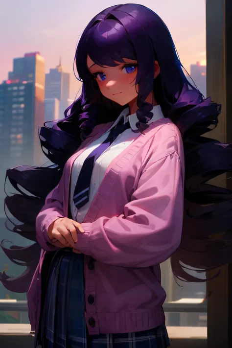 A young woman with long wavy violet hair, drill curls, side bangs, dark blue eyes, light tanned skin, wearing a white blouse, black necktie, blue plaid skirt, pink cardigan, not smiling, city background, morning