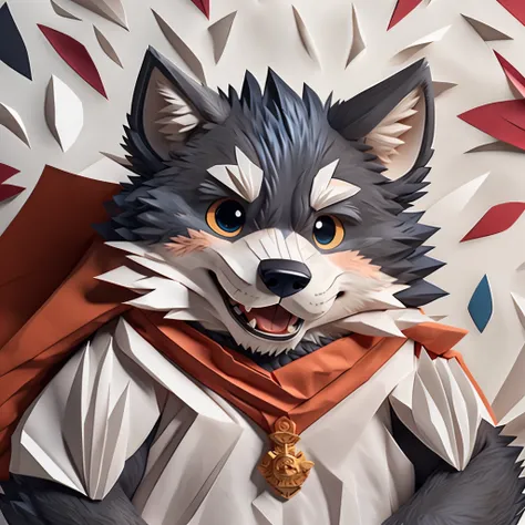 Scribble wolf face, ((cute)), anthro(wolf), (gray-black fur:1.5), comic style, white beard, white belly, (knight costume, long red cherry cloak), (close up:1.5), by takemoto arashi, by kamyuel, by milkytiger1145, by 96panda,front view, face focus, abstract...