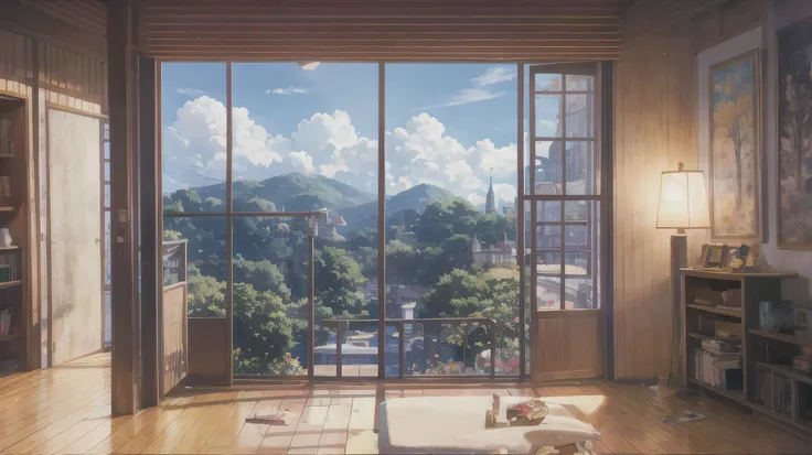 Anime - Scene of a room with a picture and a fan, anime background art, anime scenery, anime background, anime scenery concept art, beautiful anime scene, beautiful anime scenery, anime aesthetics, Studio Gribly Makoto Shinkai, anime scenery, anime picture...