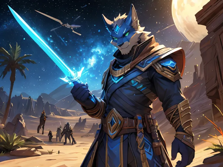 posted on e621, (by Chunie), male, Wolf anthro, solo, light green eyes, (Realistic eye details 1.2), there is a Male with a sword standing in a desert, starfinder character, starfinder style, style of starfinder, from pathfinder, cosmic tiefling d&d, by Ja...