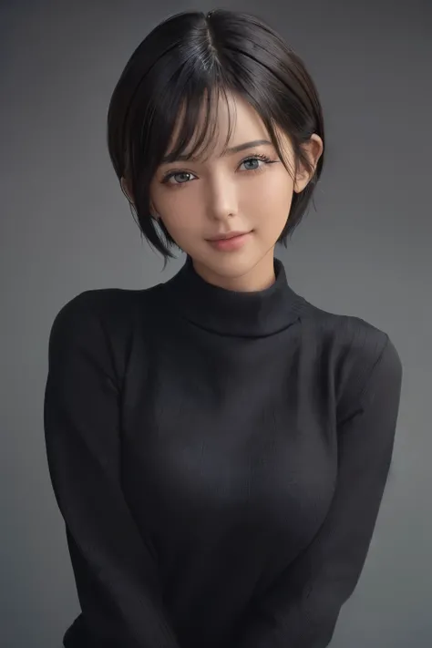 (masterpiece:1.3), (8k, realistic, RAW photo, highest quality: 1.4), (1 girl), beautiful face, (realistic face), (black hair, short hair:1.3), beautiful hairstyle, realistic eyes, detailed and beautiful eyes, (realistic skin), beautiful skin, (sweater), di...