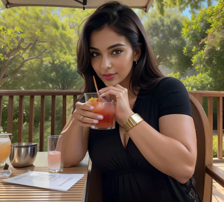 woman on the patio with a drink, having a cocktail, outside, with a drink, having a martini, drinking syrup, delicious, outdoors, drinking, drinking, A woman with white skin and dark hair. She is about 35 years old. Her slightly plump, pink lips are like a...