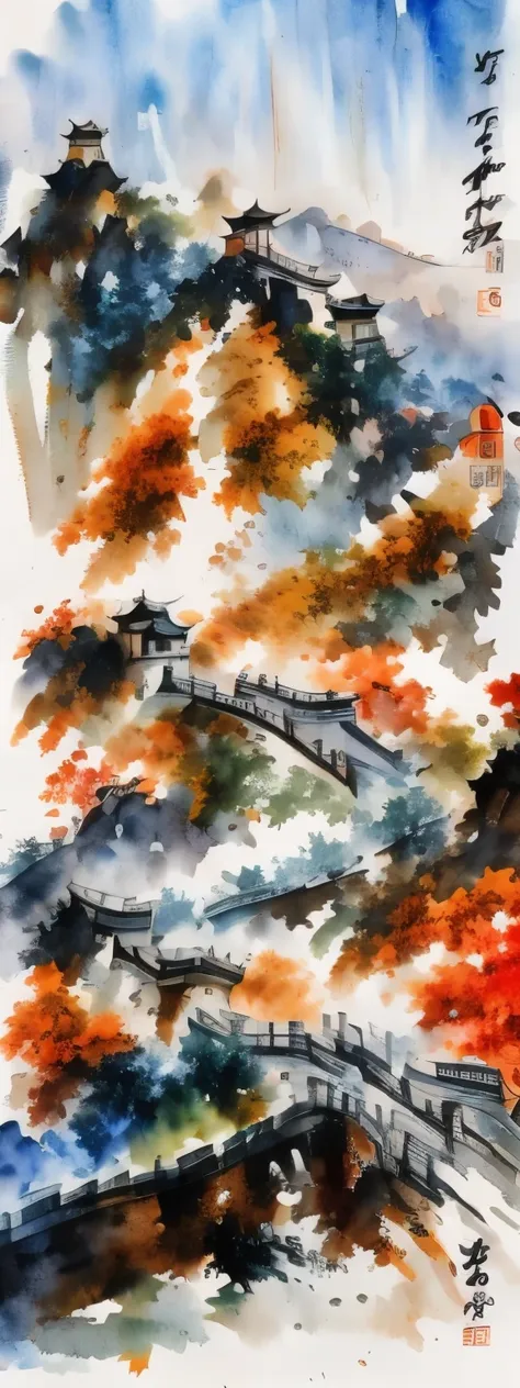 blurred picture style, wet-in-wet, watercolor painting, ink painting, best quality, landscape painting of the great wall of chin...