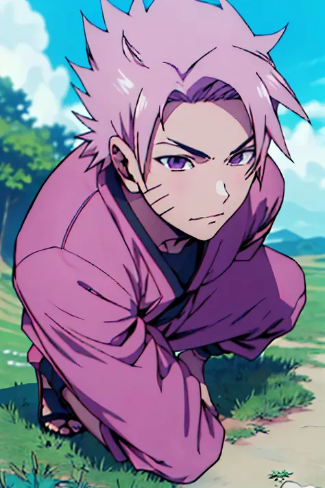 Sakura Uchiha face from Naruto, age 32 years old, with short light pink hair, medical ninja outfit with high heels, high details, naruto anime style