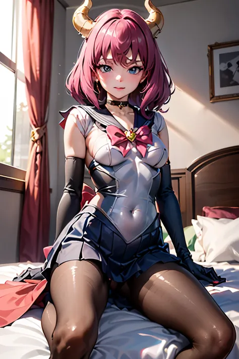 very delicate and beautiful girl,8k wallpaper,masterpiece,danntoudainoaura,Bedroom,1 girl,alone,devil&#39;s horns,devil girl,long hair,medium breasts,(long gloves),((pantyhose)),boots,choker,((Sailor Senshi Clothing)),(sit on bed),looking at the viewer、Pho...