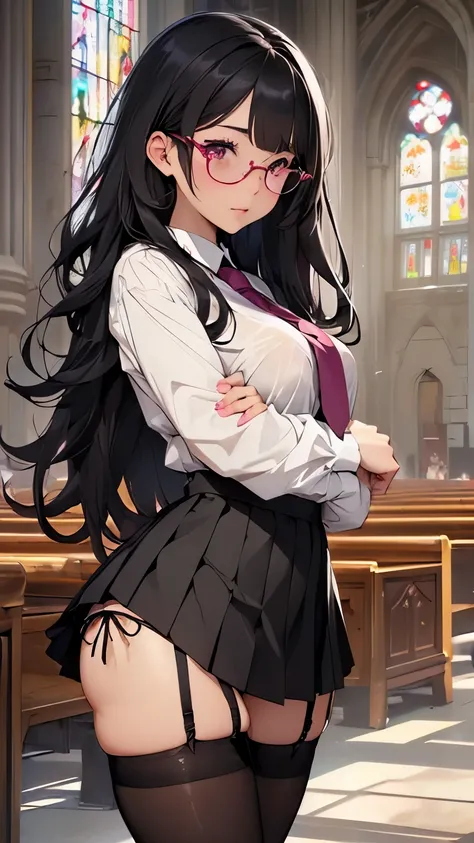 (long black wavy hair、sexy、detailed face、highly detailed eyes、double eyelid、pink glasses、thick formal white shirt)、(Black short tight mini pleated skirt:1.3)、(sexyピンクのパンティーが露出)、(pink short tie)、 (black garter belt:1.3)、(black thigh socks:1.3)、glamorous、sli...