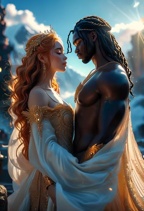 Roman d&#39;un amoureux dans un paysage céleste, un beau prince impérial à la peau foncée, de longs cheveux noirs et blancs et une belle (((dark skinned celestial woman))) avec ((cheveux roux)), beautiful, visages parfaits, tout le corps, Romantic scene, V...