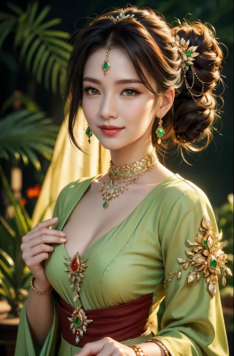 Beautiful mature Asian woman， detailed finger， beautiful hand， hyper realistic， 1 woman, brunette color hair，neatly tied updo hair，emerald green eyes, Super detailed face， Detailed lips， Detailed eyes， Single Eyelids， diamond earrings, chocker, bracelet, R...