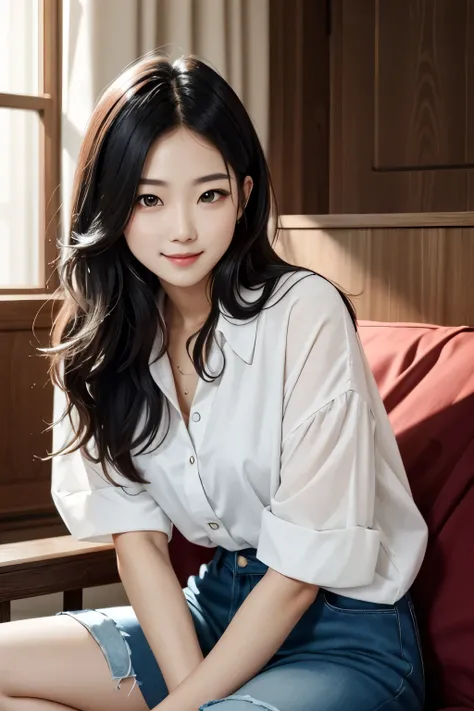 A beautiful woman in her 20s sitting and looking at me。Smiling。He is stylishly dressed and has long black hair.。Seeking realistic high image quality。　8K   UltraHD、　